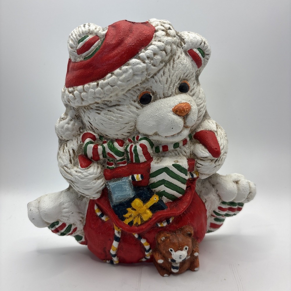 Vintage Christmas Cast Iron White Bear Door Stop Holder Stocking Presents